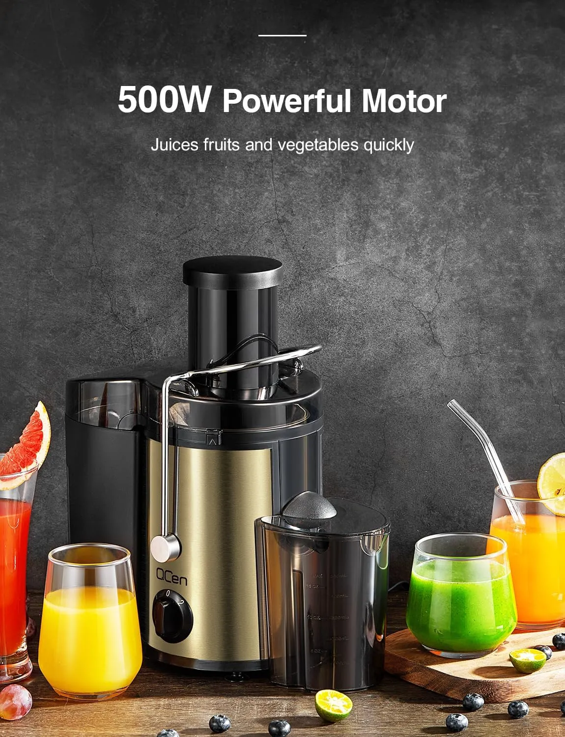 QCen Juicer Machine, 500W Centrifugal Juicer Extractor with Wide Mouth 3” Feed Chute for Fruit Vegetable, Easy to Clean, Stainless Steel, BPA-free (Gold)