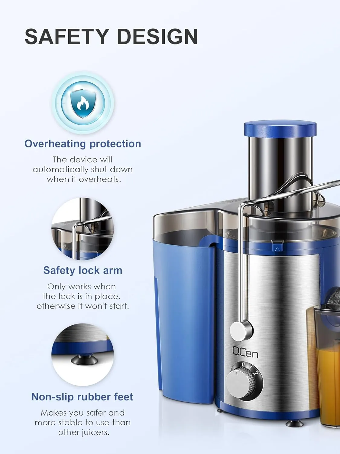 QCen Juicer Machine, 800W Centrifugal Juicer Extractor with Wide Mouth 3” Feed Chute for Fruit Vegetable, Easy to Clean, Stainless Steel, BPA-free (Blue)