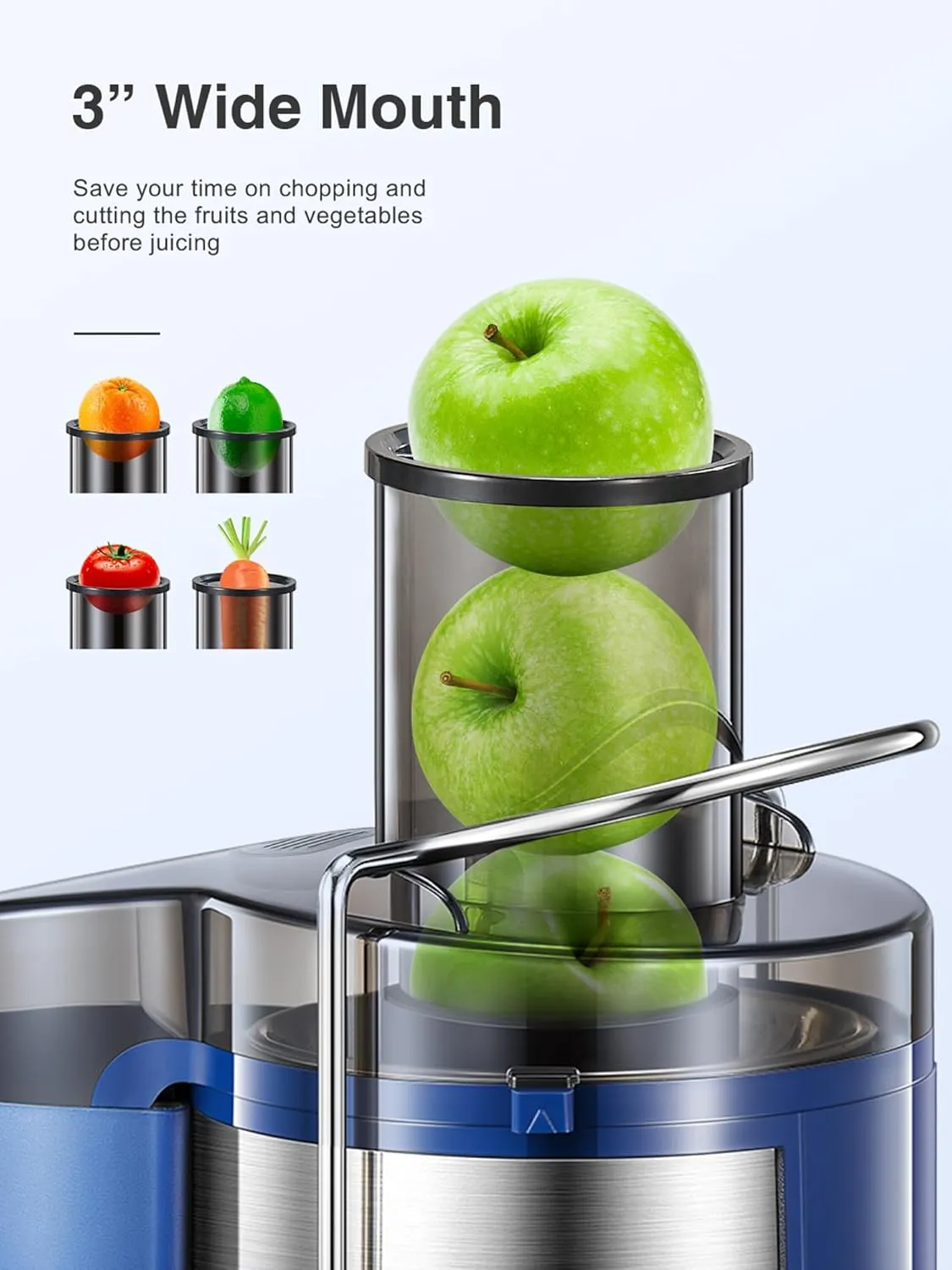 QCen Juicer Machine, 800W Centrifugal Juicer Extractor with Wide Mouth 3” Feed Chute for Fruit Vegetable, Easy to Clean, Stainless Steel, BPA-free (Blue)