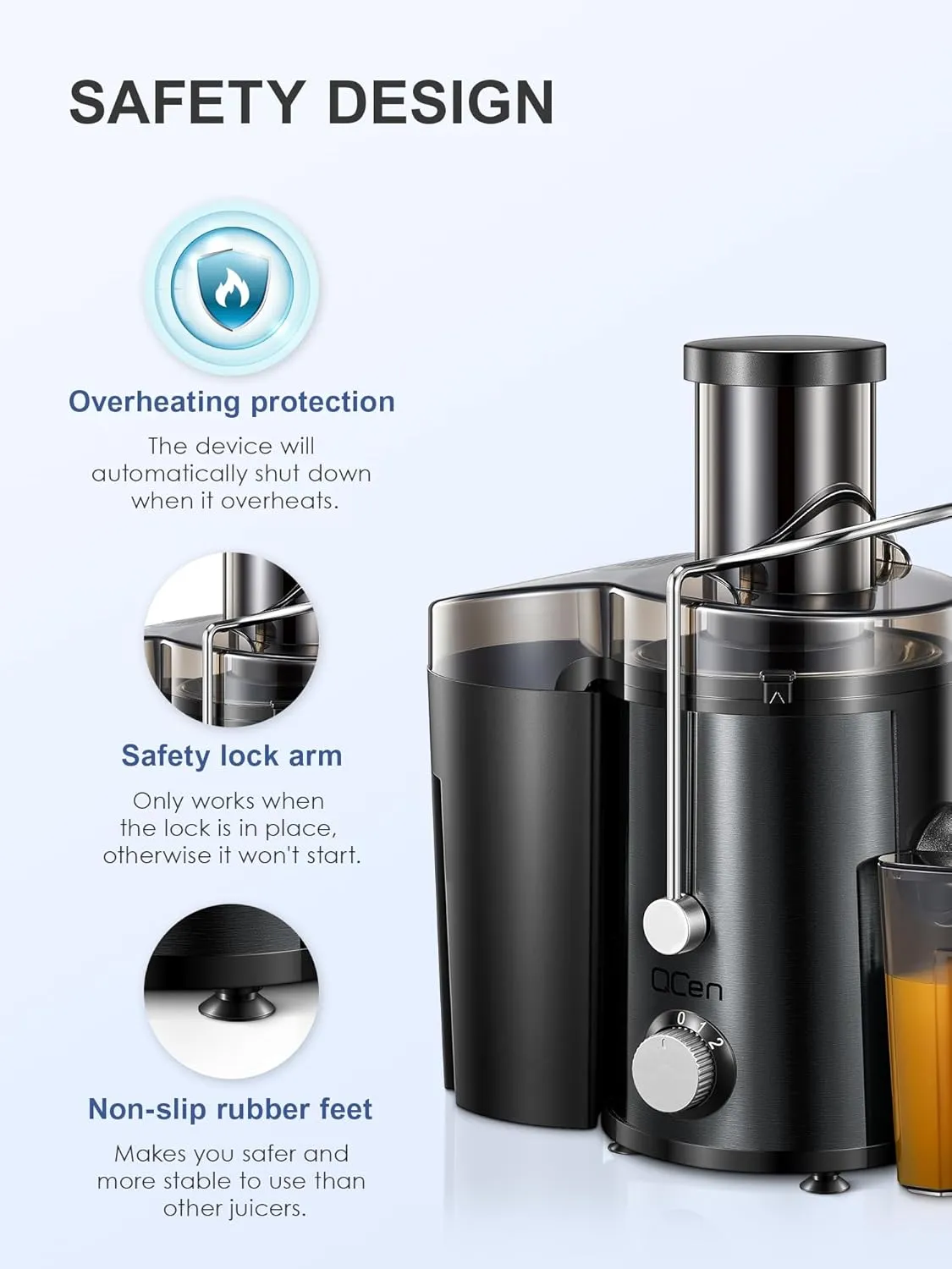 QCen Juicer Machine, 800W Centrifugal Juicer Extractor with Wide Mouth 3” Feed Chute for Fruit Vegetable, Easy to Clean, Stainless Steel, BPA-free (Metallic Black)