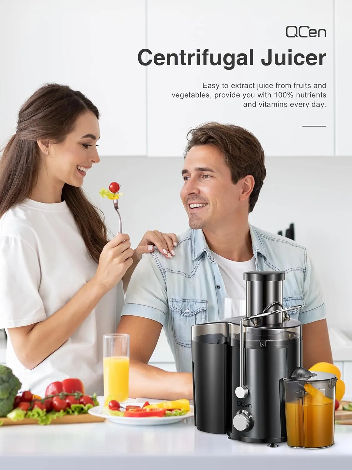 QCen Juicer Machine, 800W Centrifugal Juicer Extractor with Wide Mouth 3” Feed Chute for Fruit Vegetable, Easy to Clean, Stainless Steel, BPA-free (Metallic Black)