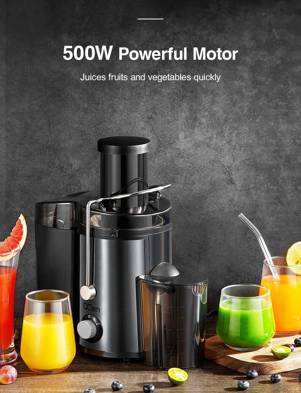 QCen Juicer Machine, 800W Centrifugal Juicer Extractor with Wide Mouth 3” Feed Chute for Fruit Vegetable, Easy to Clean, Stainless Steel, BPA-free (Metallic Black)