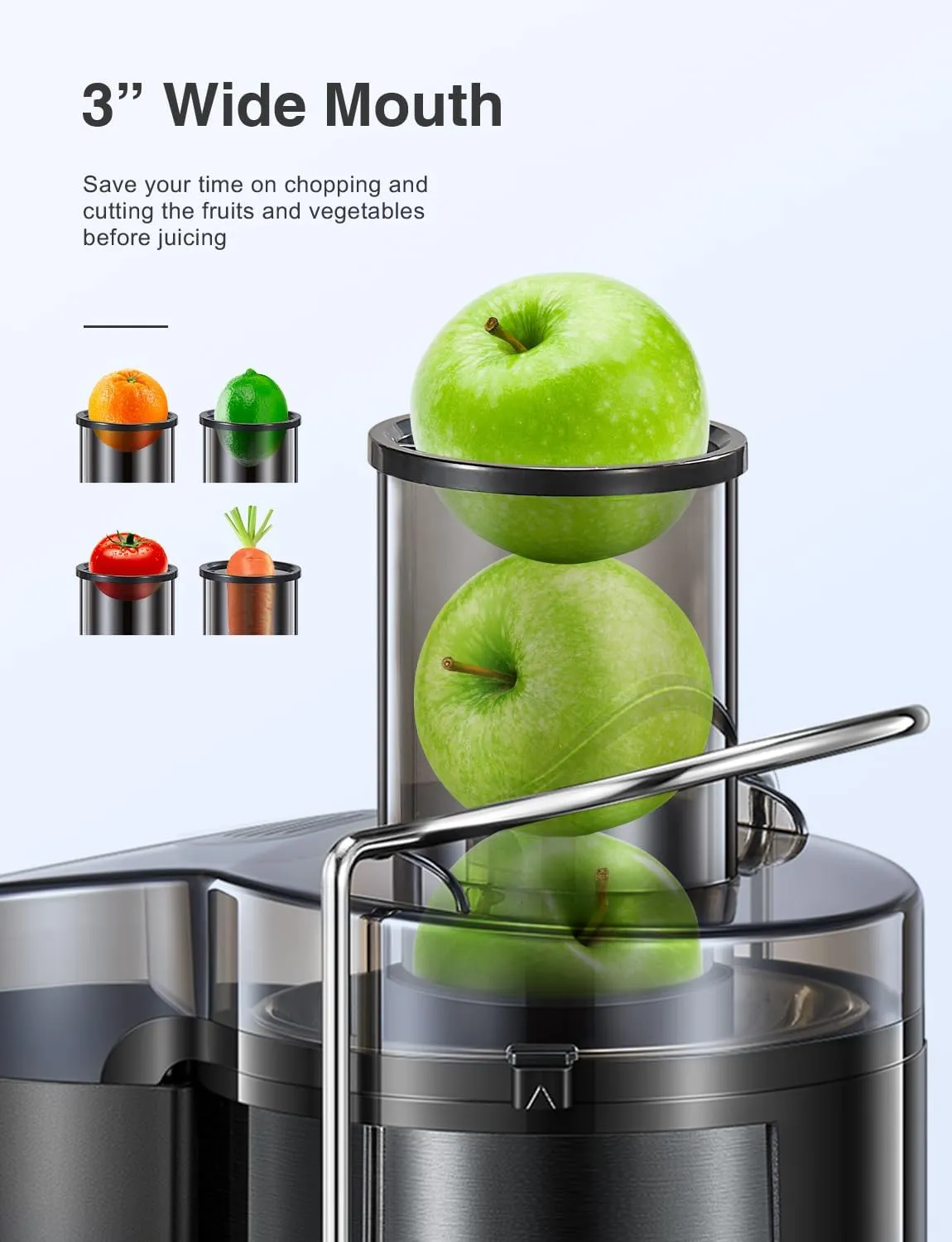 QCen Juicer Machine, 800W Centrifugal Juicer Extractor with Wide Mouth 3” Feed Chute for Fruit Vegetable, Easy to Clean, Stainless Steel, BPA-free (Metallic Black)