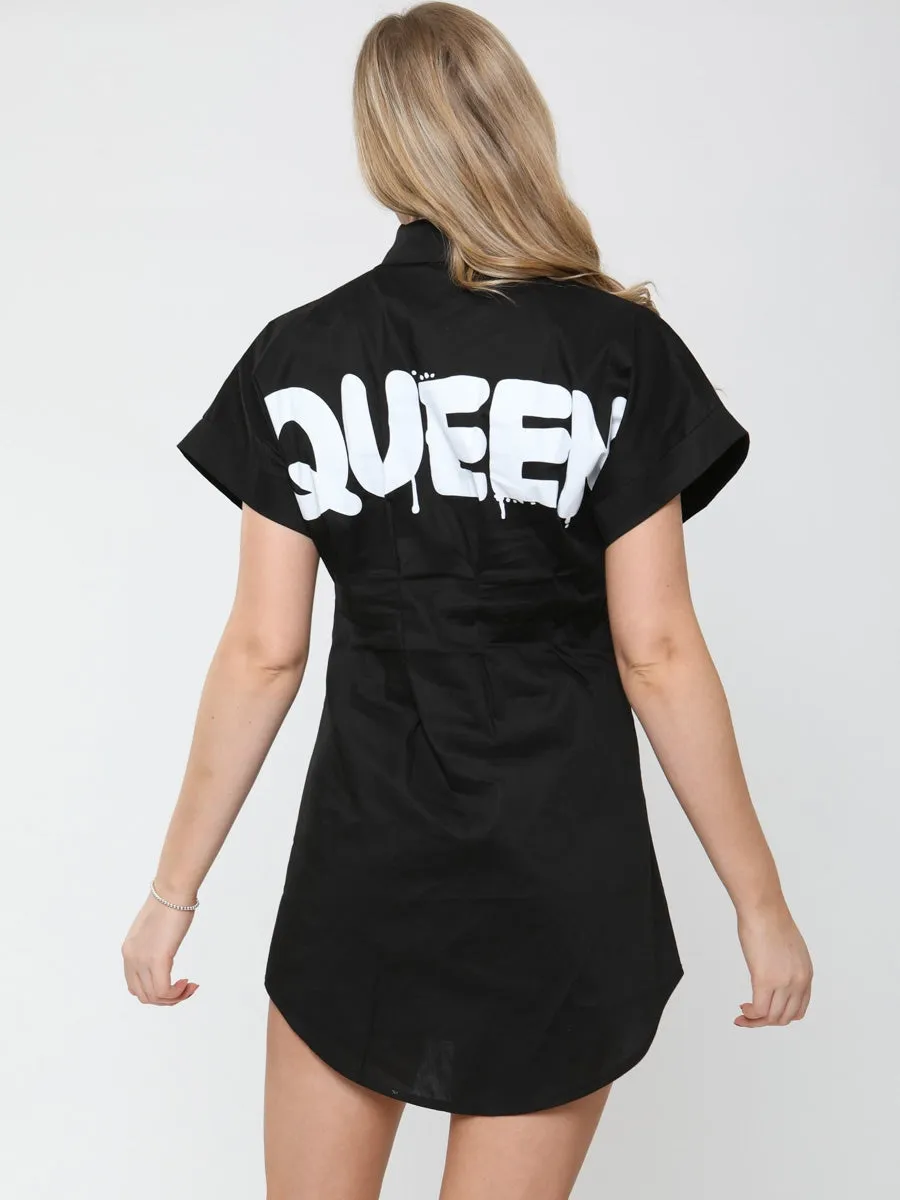 Queen Slogan Print Button Up Shirt Dress