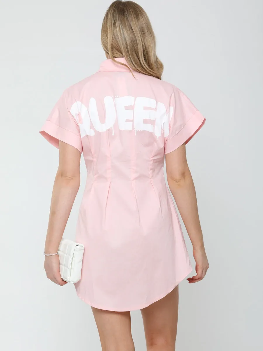 Queen Slogan Print Button Up Shirt Dress