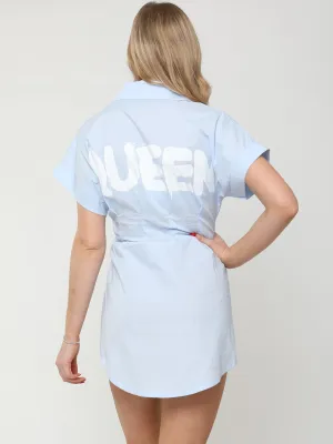 Queen Slogan Print Button Up Shirt Dress