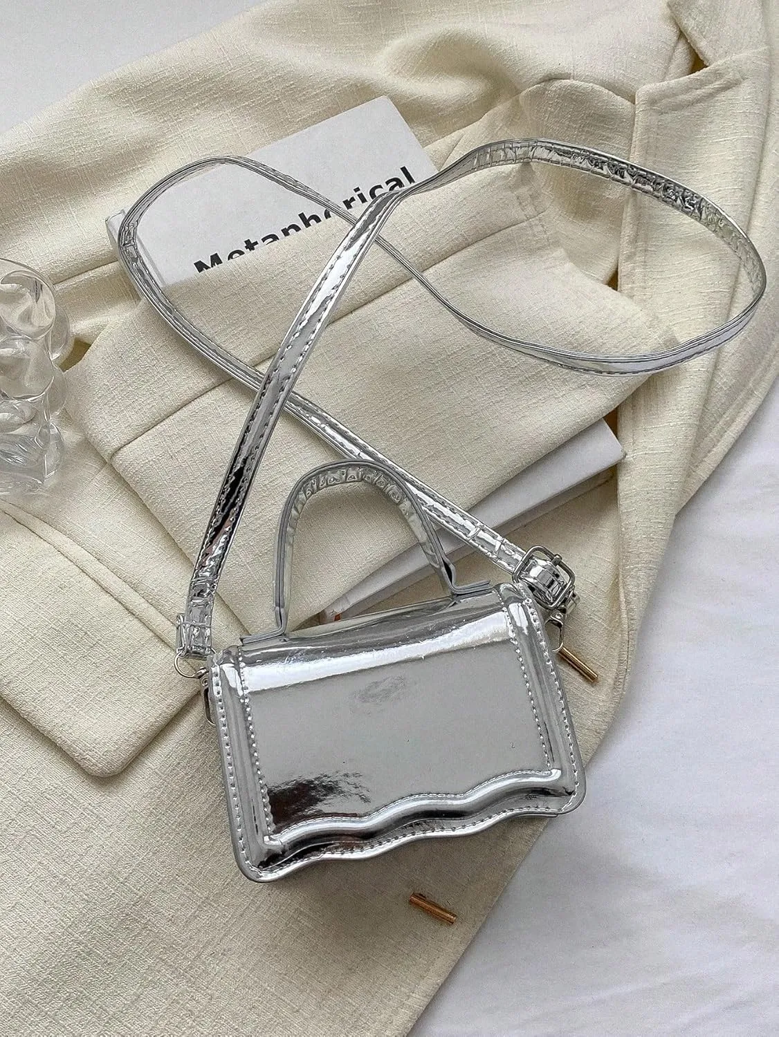 QWINEE Women's Metallic PU Leather Single Strap Shoulder Bags Funky Waterproof Top Handle Mini Square Bag Crossbody Handbags