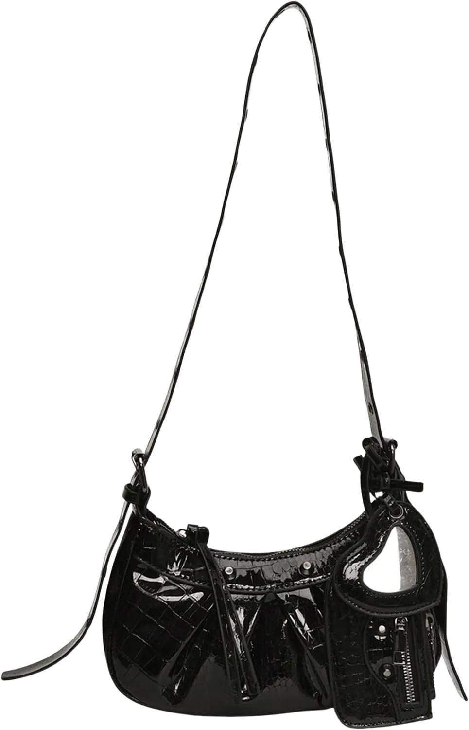 QWINEE Women's Y2K Faux Leather Shoulder Bag Zipper Crocodile Embossed Mini Handbag with Coin Purse Black One-Size