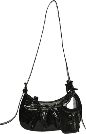 QWINEE Women's Y2K Faux Leather Shoulder Bag Zipper Crocodile Embossed Mini Handbag with Coin Purse Black One-Size