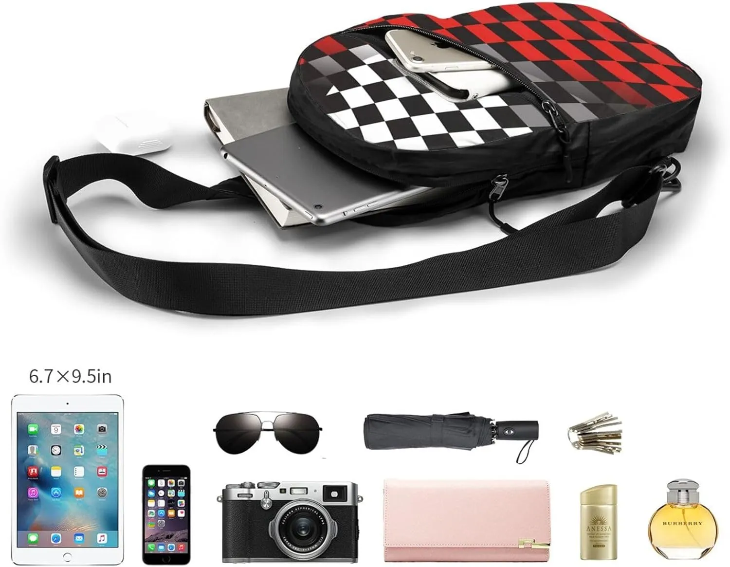 Racing Red Gray Checkered Flag Portable Sling Bags Packable Crossbody Bag Foldable Sport Daypack Reusable Shoulder Backpack Diagonally Chest Bag for Workout Travel
