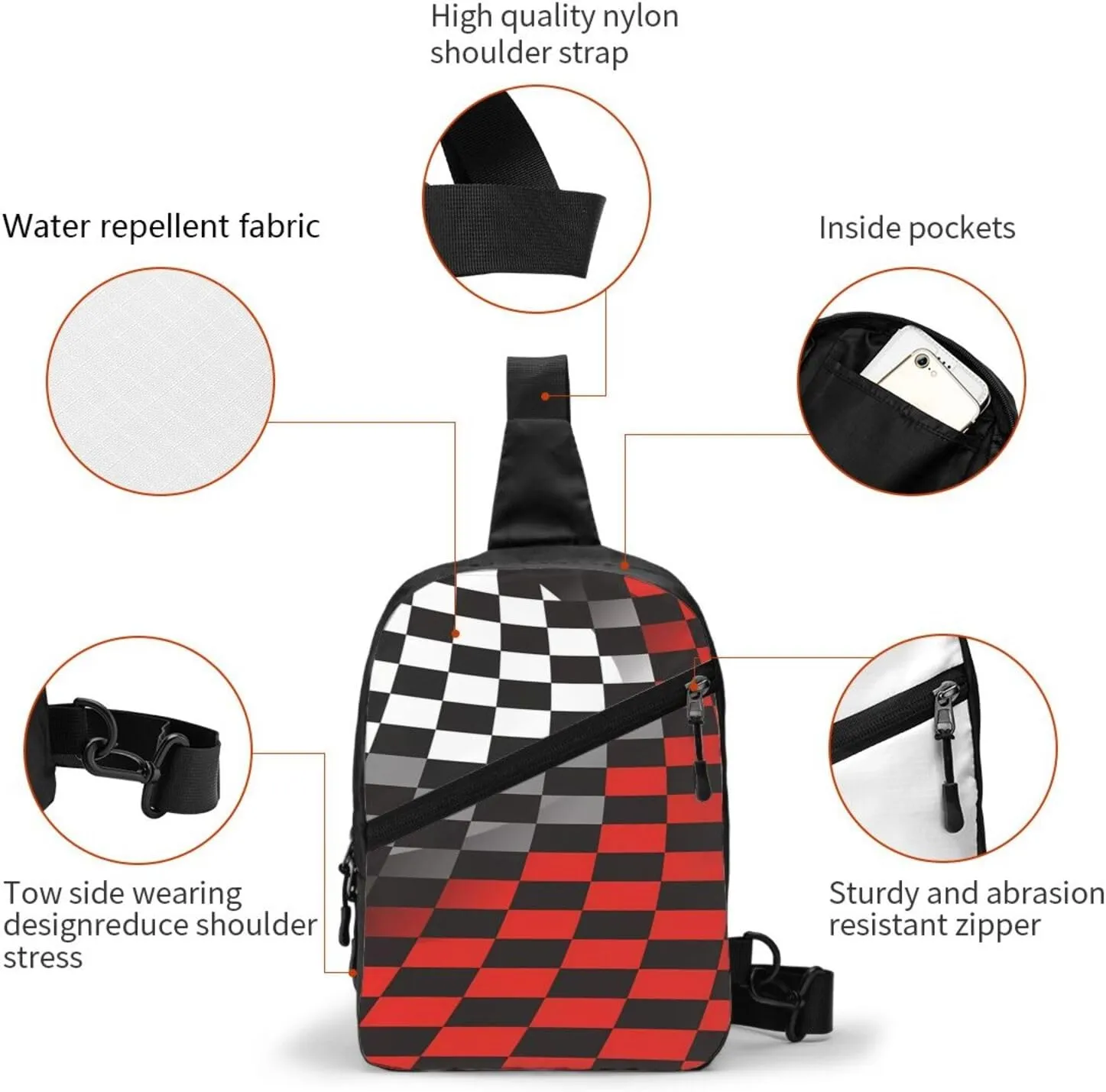 Racing Red Gray Checkered Flag Portable Sling Bags Packable Crossbody Bag Foldable Sport Daypack Reusable Shoulder Backpack Diagonally Chest Bag for Workout Travel