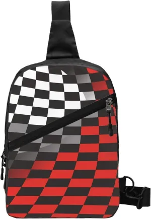 Racing Red Gray Checkered Flag Portable Sling Bags Packable Crossbody Bag Foldable Sport Daypack Reusable Shoulder Backpack Diagonally Chest Bag for Workout Travel