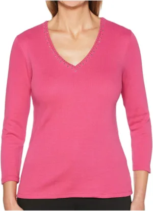 Rafaella Embellished V-Neck 3/4 Sleeve Top (Very Berry, XX-Large)