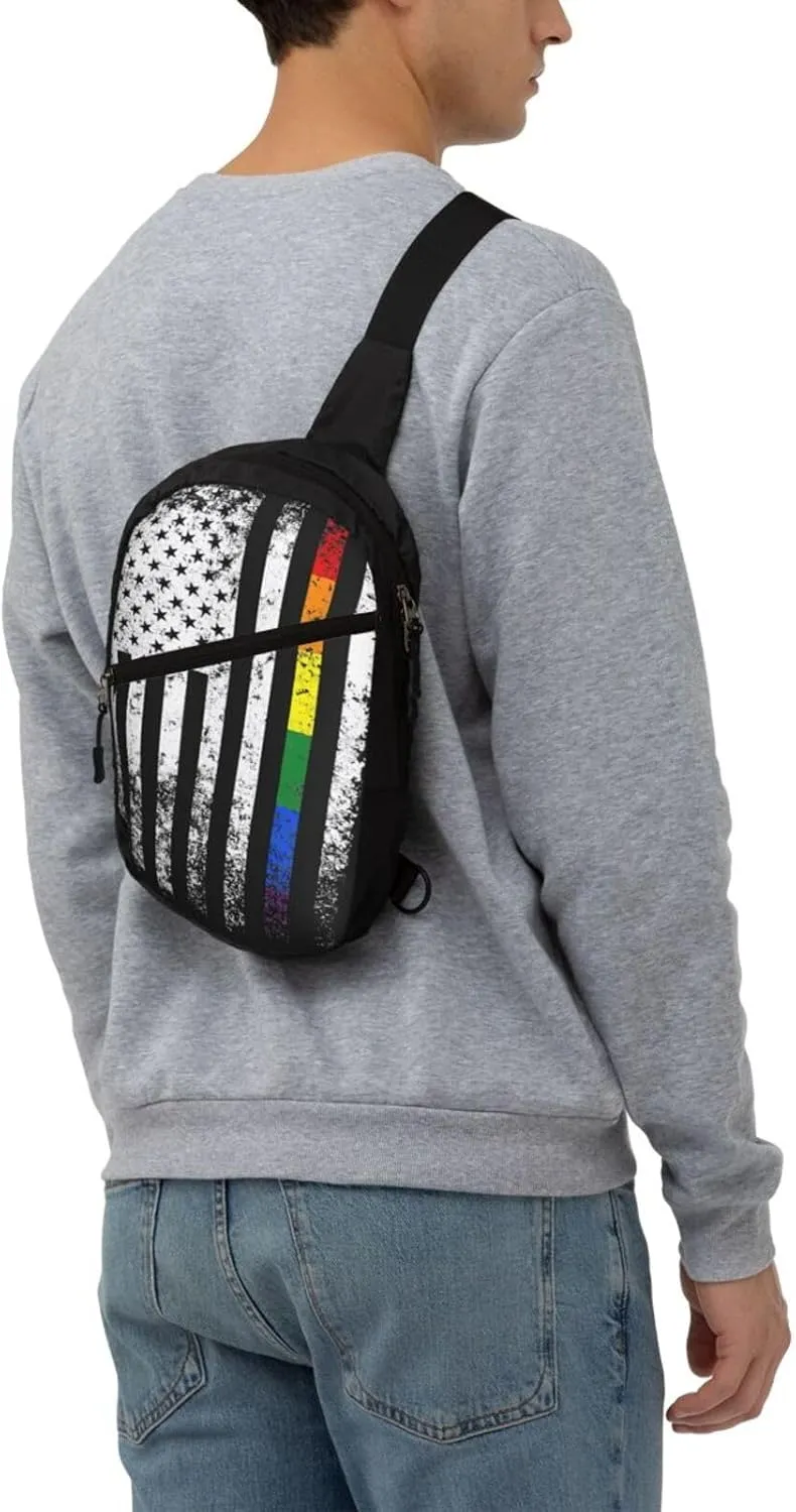 Rainbow LGBTQ Bisexual Loves American Flag Portable Sling Bags Packable Crossbody Bag Foldable Sport Daypack Reusable Shoulder Backpack Diagonally Chest Bag for Workout Travel