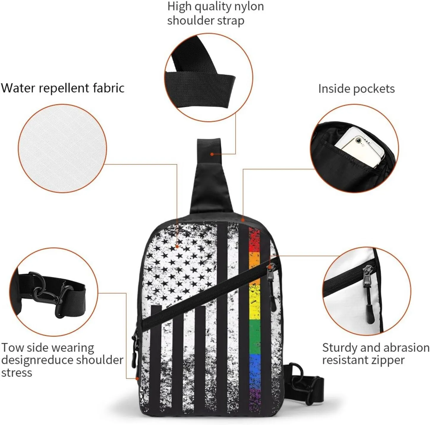 Rainbow LGBTQ Bisexual Loves American Flag Portable Sling Bags Packable Crossbody Bag Foldable Sport Daypack Reusable Shoulder Backpack Diagonally Chest Bag for Workout Travel