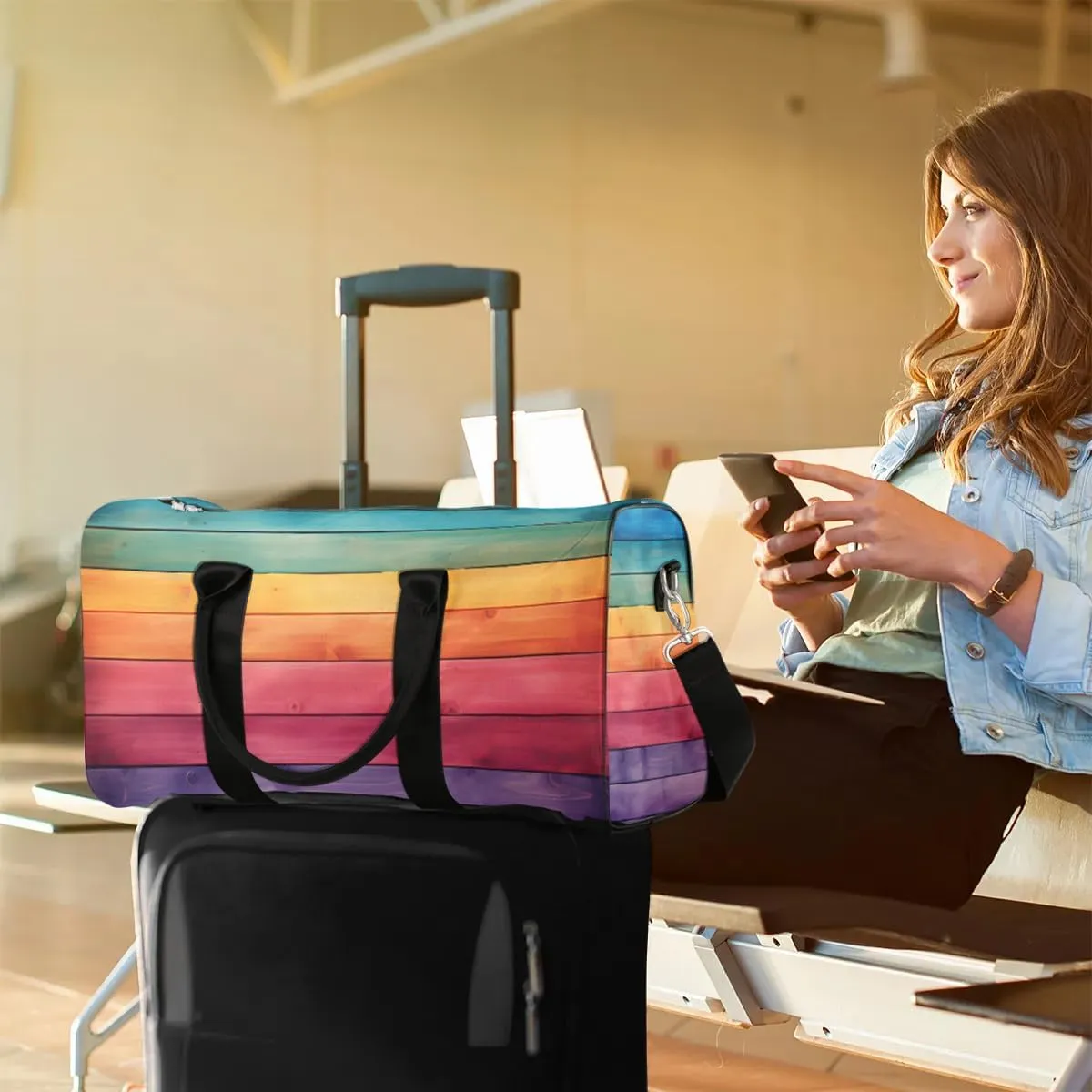 Rainbow Stripes Travel Duffel Bag for Women Men Waterproof Foldable Overnight Weekender Bag Large Capacity Sports Gym Bag