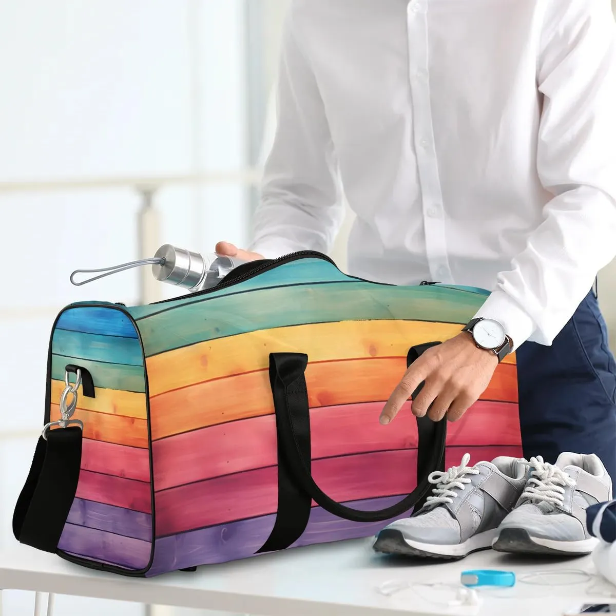 Rainbow Stripes Travel Duffel Bag for Women Men Waterproof Foldable Overnight Weekender Bag Large Capacity Sports Gym Bag