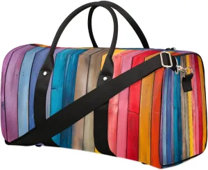 Rainbow Wood Grain Travel Duffel Bag for Women Men Waterproof Foldable Overnight Weekender Bag Large Capacity Sports Gym Bag