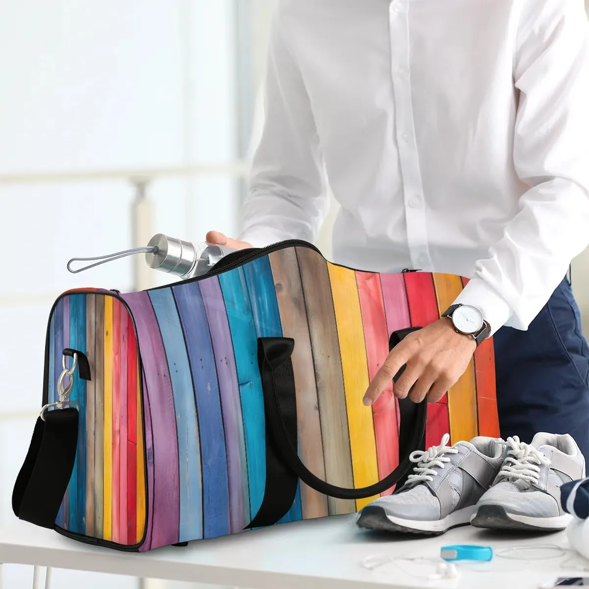 Rainbow Wood Grain Travel Duffel Bag for Women Men Waterproof Foldable Overnight Weekender Bag Large Capacity Sports Gym Bag