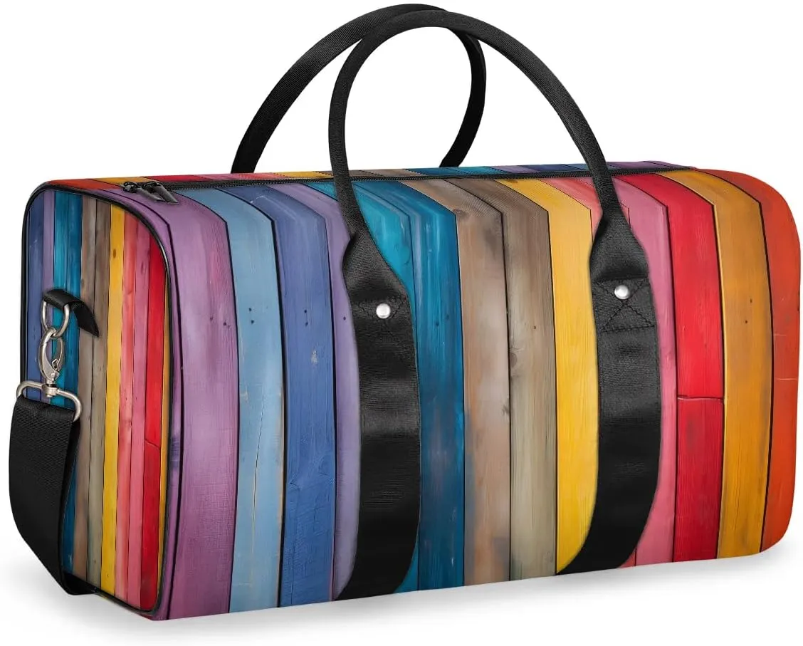 Rainbow Wood Grain Travel Duffel Bag for Women Men Waterproof Foldable Overnight Weekender Bag Large Capacity Sports Gym Bag