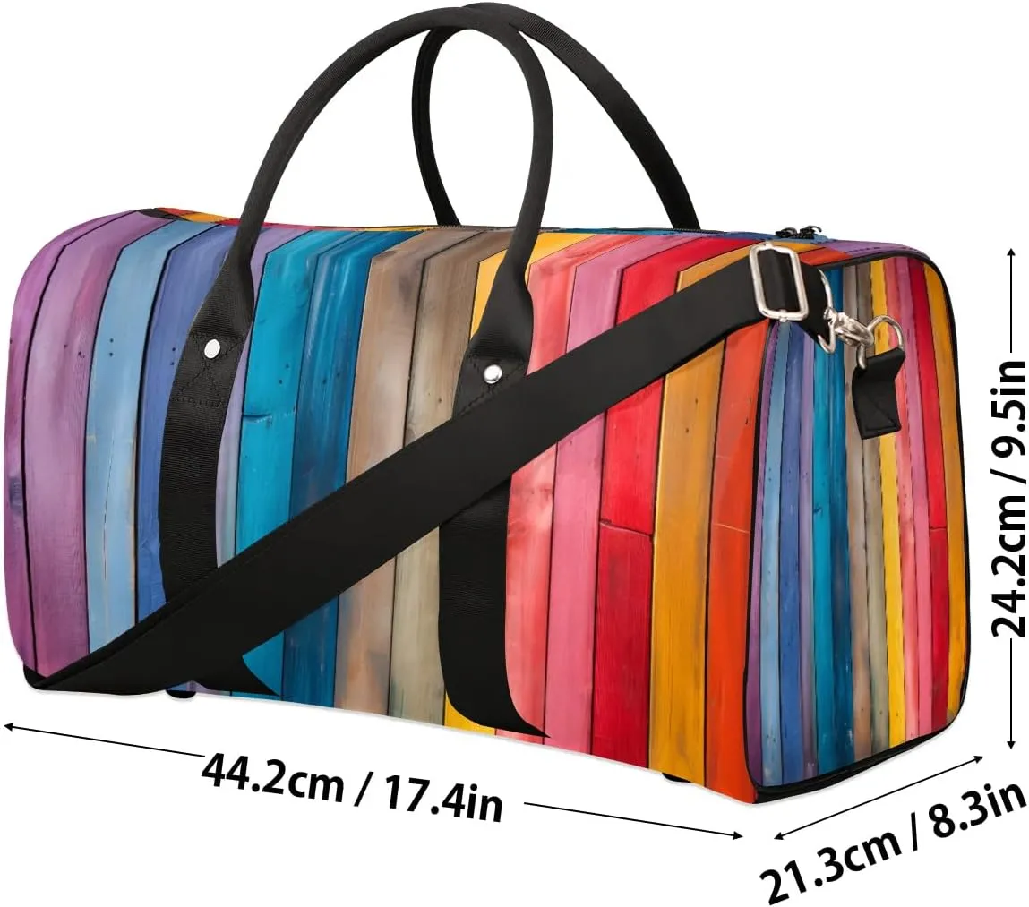 Rainbow Wood Grain Travel Duffel Bag for Women Men Waterproof Foldable Overnight Weekender Bag Large Capacity Sports Gym Bag