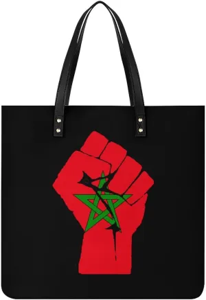Raised Fist Morocco Flag Tote Bag Leather Handbags Large Shoulder Bag for College Work Travel Shopping