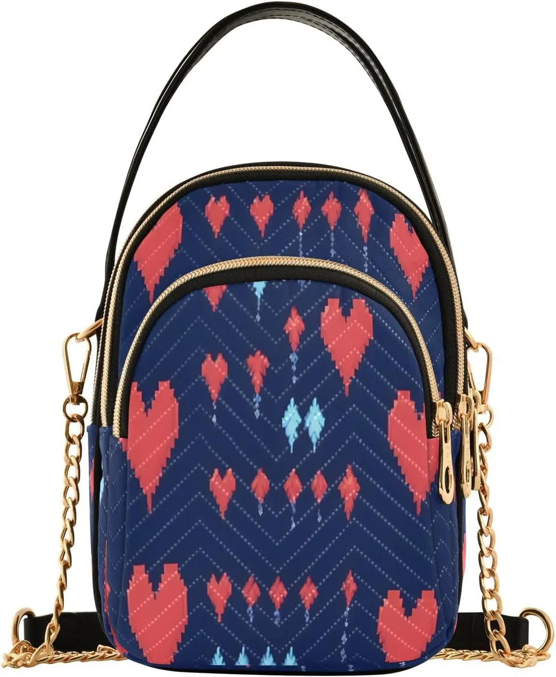 Red Hearts with Arrow Small Crossbody Bag Functional Multi Pocket Bag Shoulder Handbag