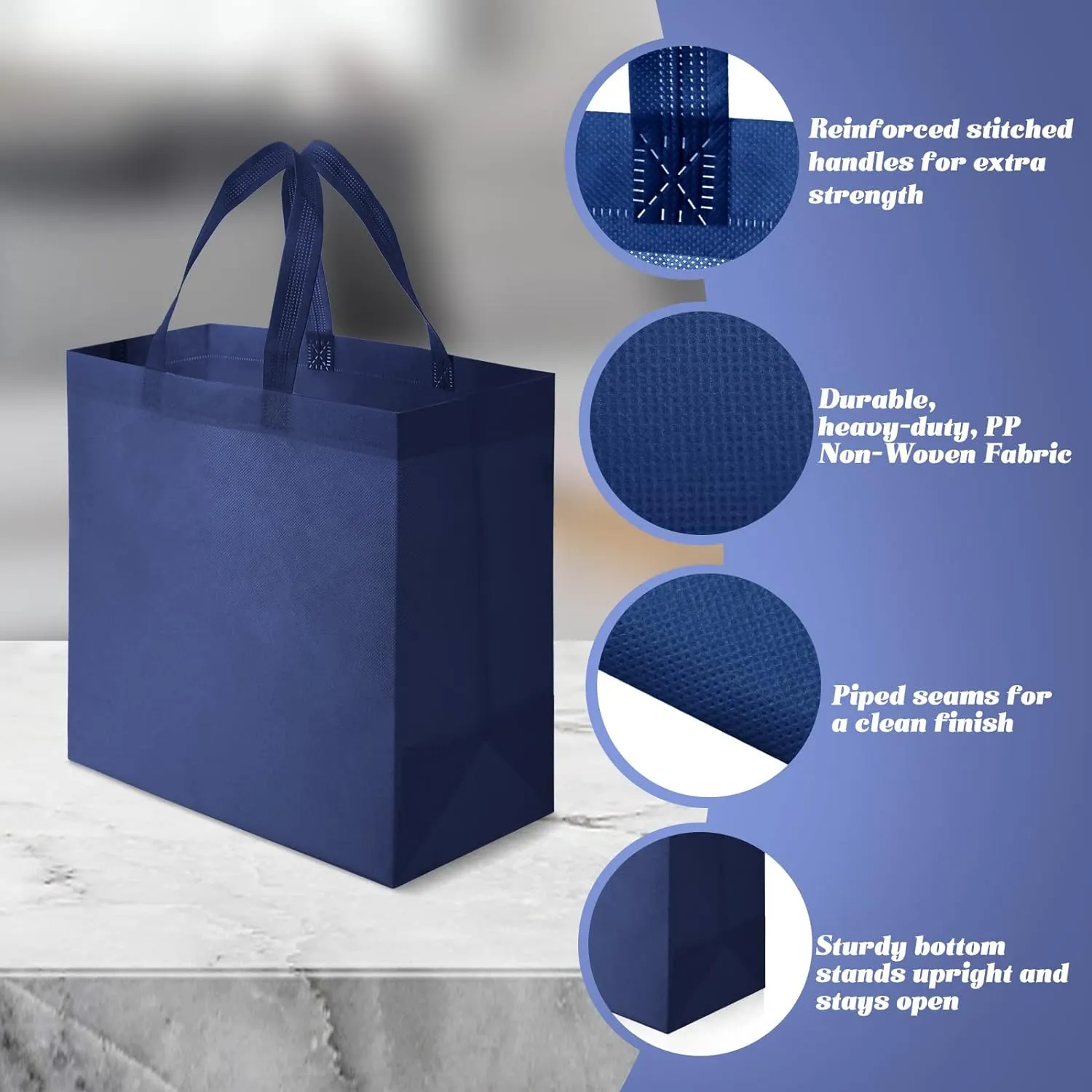 Reginary 50 Pieces Reusable Totes Bag Bulk Shopping Bags Non Woven Grocery handbag with Handles Foldable for Boutiques(Navy Blue)