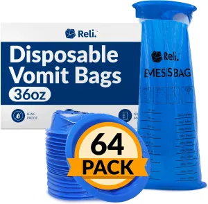 Reli. Vomit Bags Disposable (64 Pack) Barf Bags Disposable, 1000ml | Throw Up, Emesis, Puke, Nausea | Use for Car, Barf, Adults, Kids (Blue)
