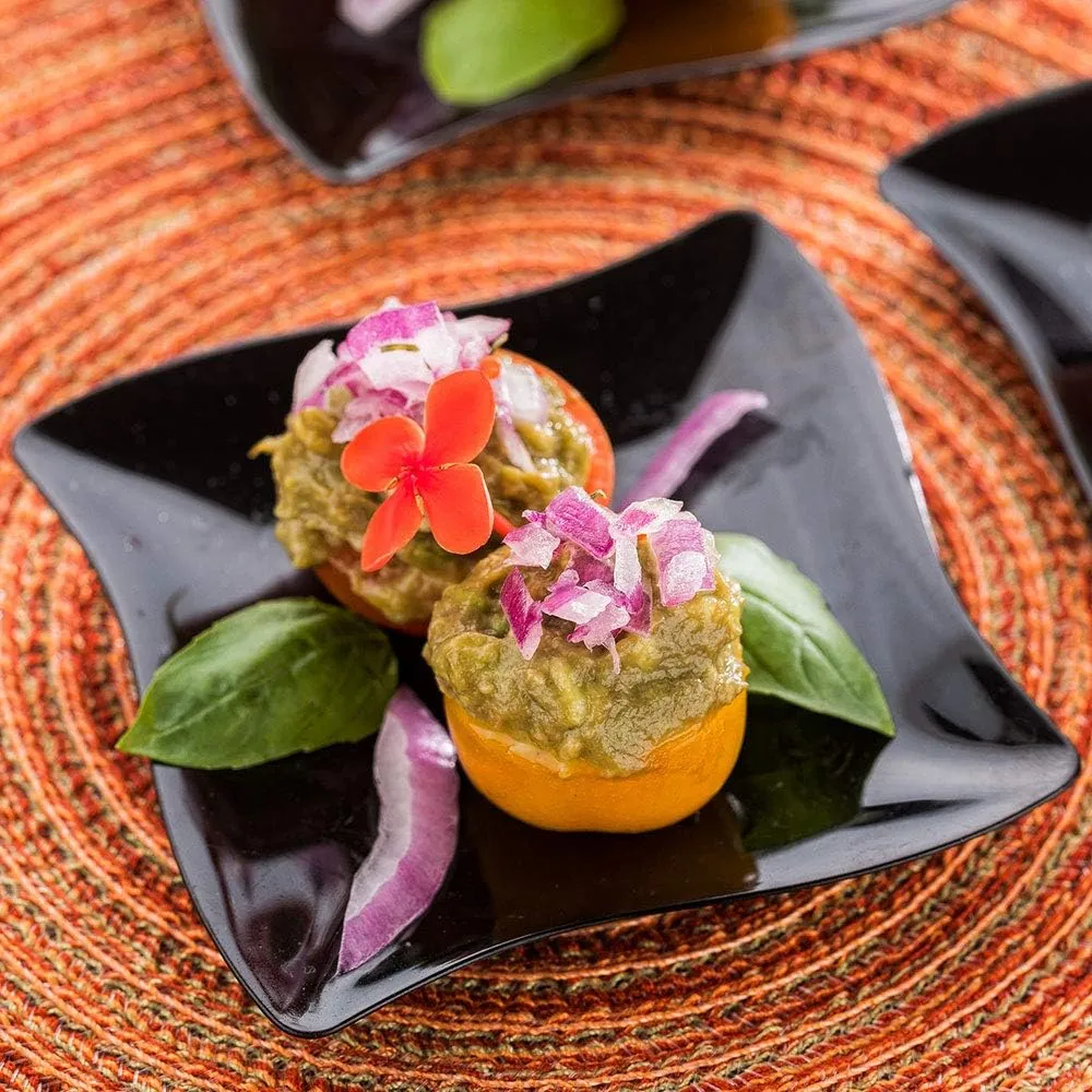 Restaurantware 3 x 3 Inch Dessert Plates 100 Small Cocktail Plates - Square Wavy Edges Black Plastic Disposable Appetizer Plates Holds Sauces And Dips For Wedding Or Birthday Parties