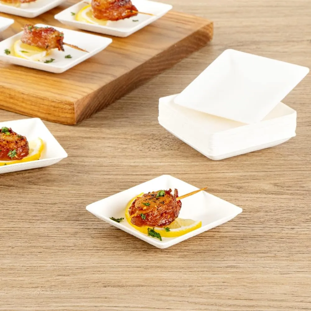 Restaurantware Pulp Safe No PFAS Added 2.6 x 2.6 Inch Mini Square Plates 100 Disposable Plates - Home Compostable Microwavable And Freezable White Bagasse Plates For Hot And Cold Foods