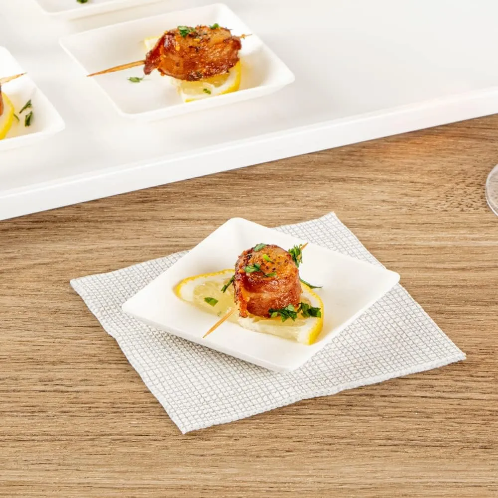 Restaurantware Pulp Safe No PFAS Added 2.6 x 2.6 Inch Mini Square Plates 100 Disposable Plates - Home Compostable Microwavable And Freezable White Bagasse Plates For Hot And Cold Foods