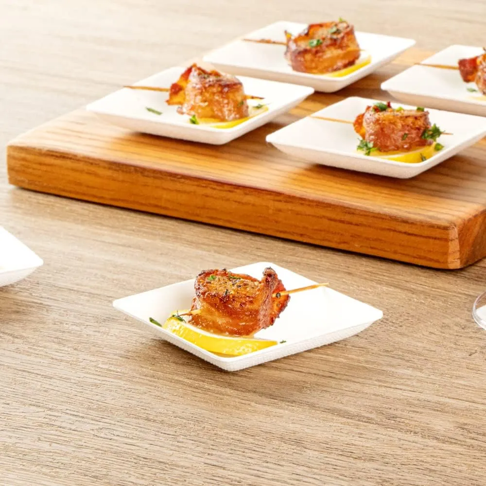 Restaurantware Pulp Safe No PFAS Added 2.6 x 2.6 Inch Mini Square Plates 100 Disposable Plates - Home Compostable Microwavable And Freezable White Bagasse Plates For Hot And Cold Foods