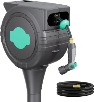 Retractable Garden Hose Reel, 1/2" x 100 ft Automatic Garden Hose Reel on Metal Spike, Any Length Lock, Automatic Rewind Slow Recovery System，with 360° Rotation to Reach All Areas of Your Yard