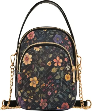 Retro Flower Vines Women Trendy Quilted Crossbody Bag Sling Bags Handbags with Chain Strap Travel Cross Body Cell Phone Purses Bags