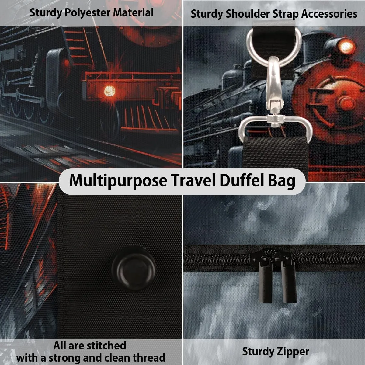 Retro Steam Train Travel Duffel Bag for Women Men Waterproof Foldable Overnight Weekender Bag Large Capacity Sports Gym Bag