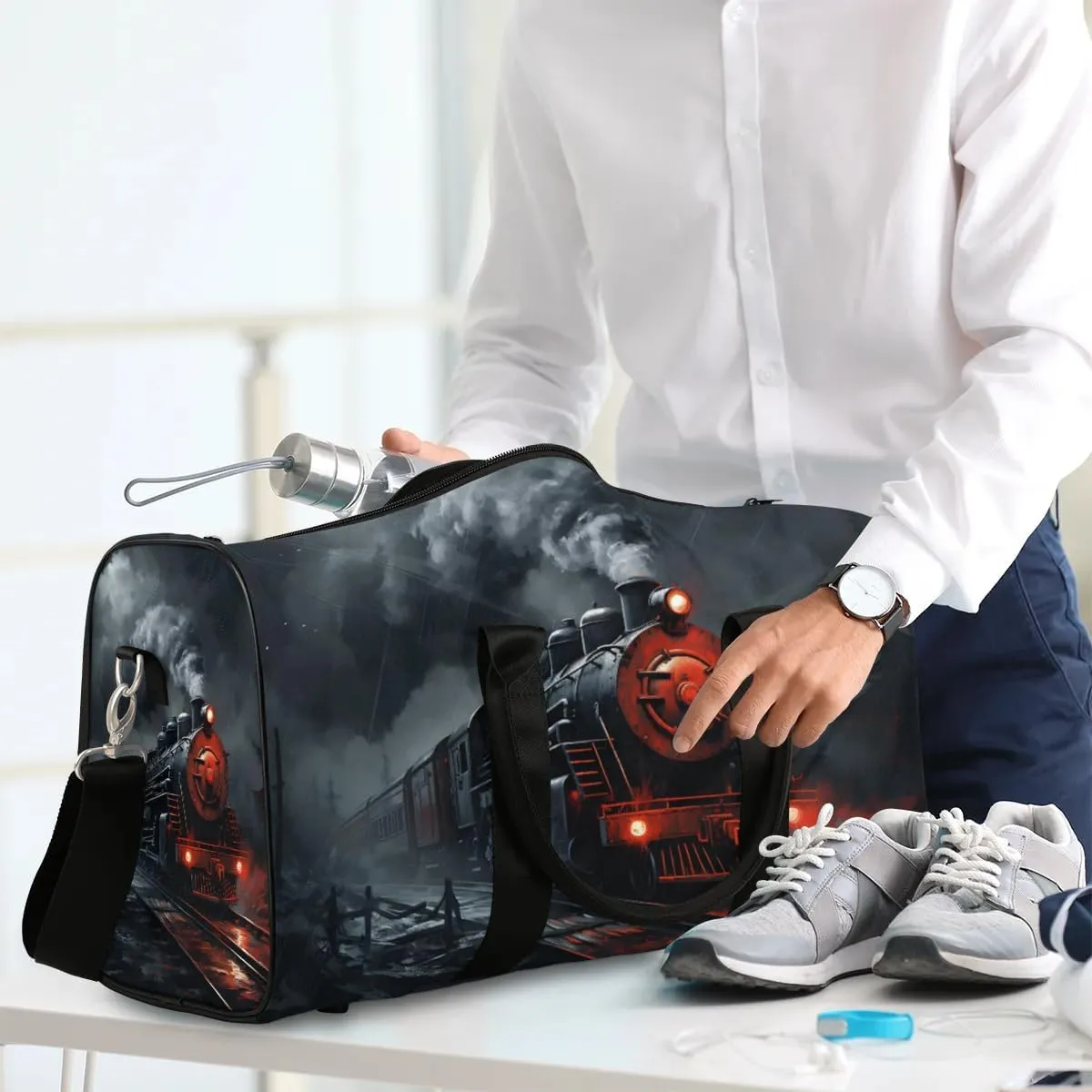 Retro Steam Train Travel Duffel Bag for Women Men Waterproof Foldable Overnight Weekender Bag Large Capacity Sports Gym Bag