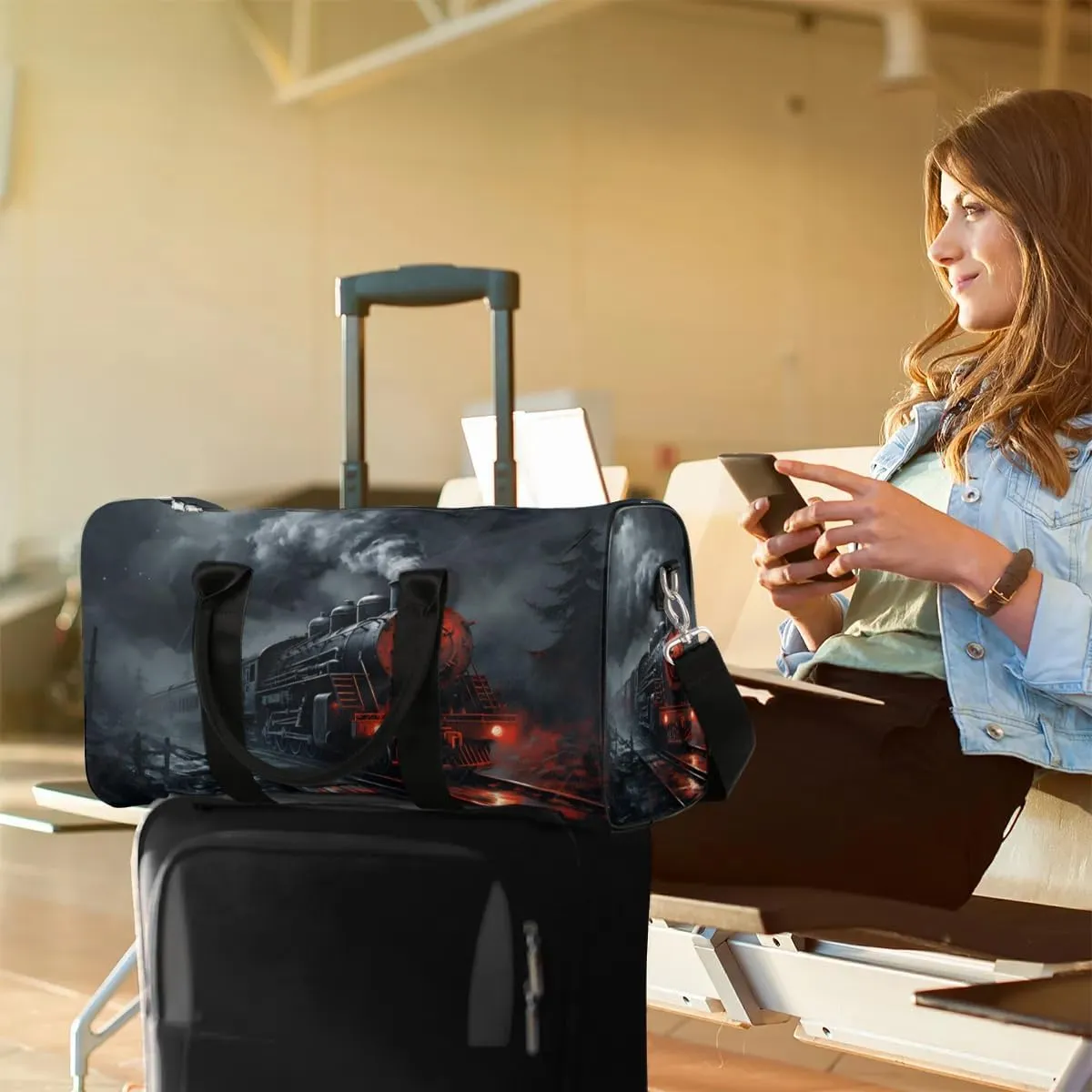 Retro Steam Train Travel Duffel Bag for Women Men Waterproof Foldable Overnight Weekender Bag Large Capacity Sports Gym Bag