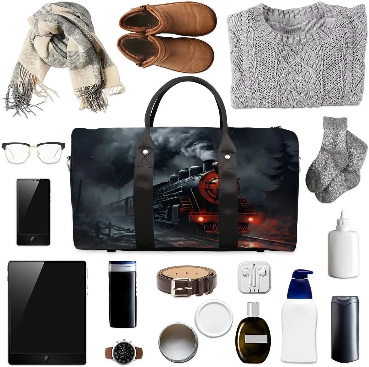 Retro Steam Train Travel Duffel Bag for Women Men Waterproof Foldable Overnight Weekender Bag Large Capacity Sports Gym Bag