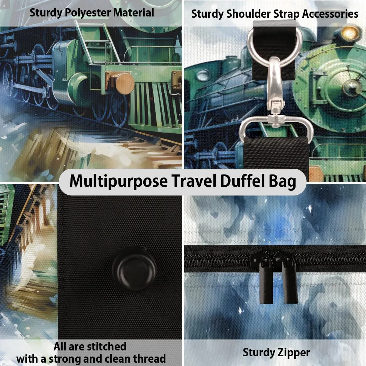 Retro Train Travel Duffel Bag for Women Men Waterproof Foldable Overnight Weekender Bag Large Capacity Sports Gym Bag