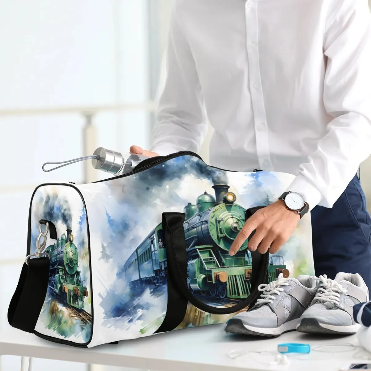 Retro Train Travel Duffel Bag for Women Men Waterproof Foldable Overnight Weekender Bag Large Capacity Sports Gym Bag