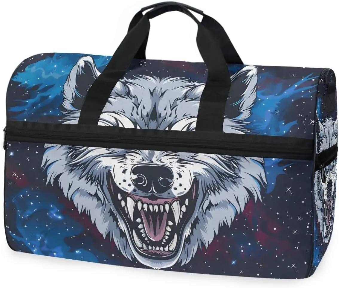 Roar Wolf Face Travel Duffel Bag Luggage Sports Gym Bags With Shoes Compartment Large Capacity Lightweight Duffle Bag For Men Women