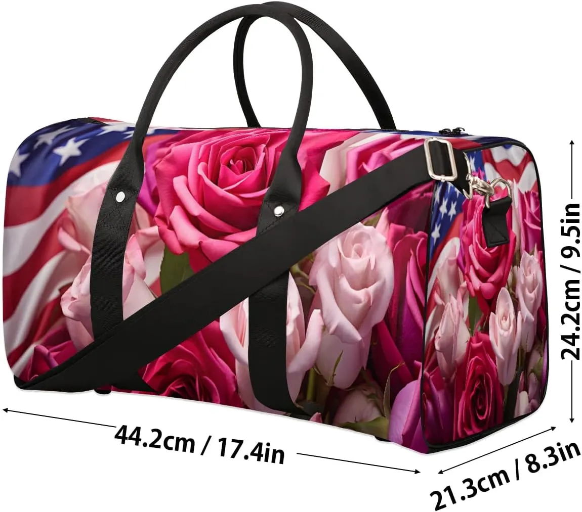 Rose Flower 4th of July Travel Duffel Bag for Women Men Waterproof Foldable Overnight Weekender Bag Large Capacity Sports Gym Bag