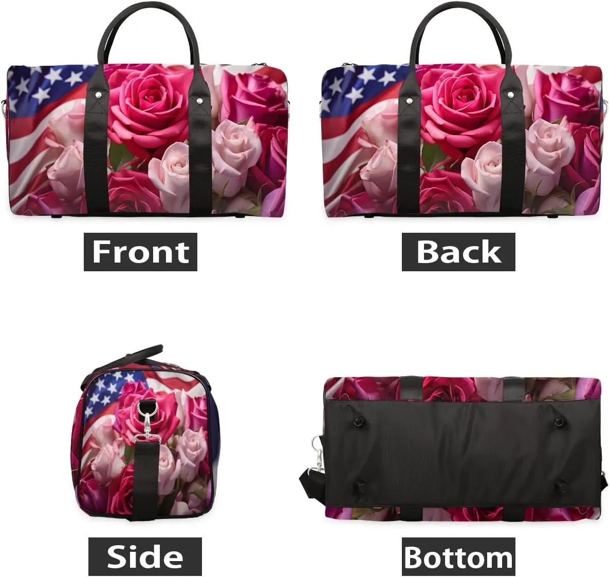 Rose Flower 4th of July Travel Duffel Bag for Women Men Waterproof Foldable Overnight Weekender Bag Large Capacity Sports Gym Bag