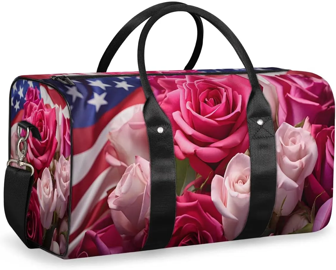 Rose Flower 4th of July Travel Duffel Bag for Women Men Waterproof Foldable Overnight Weekender Bag Large Capacity Sports Gym Bag