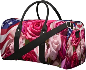 Rose Flower 4th of July Travel Duffel Bag for Women Men Waterproof Foldable Overnight Weekender Bag Large Capacity Sports Gym Bag