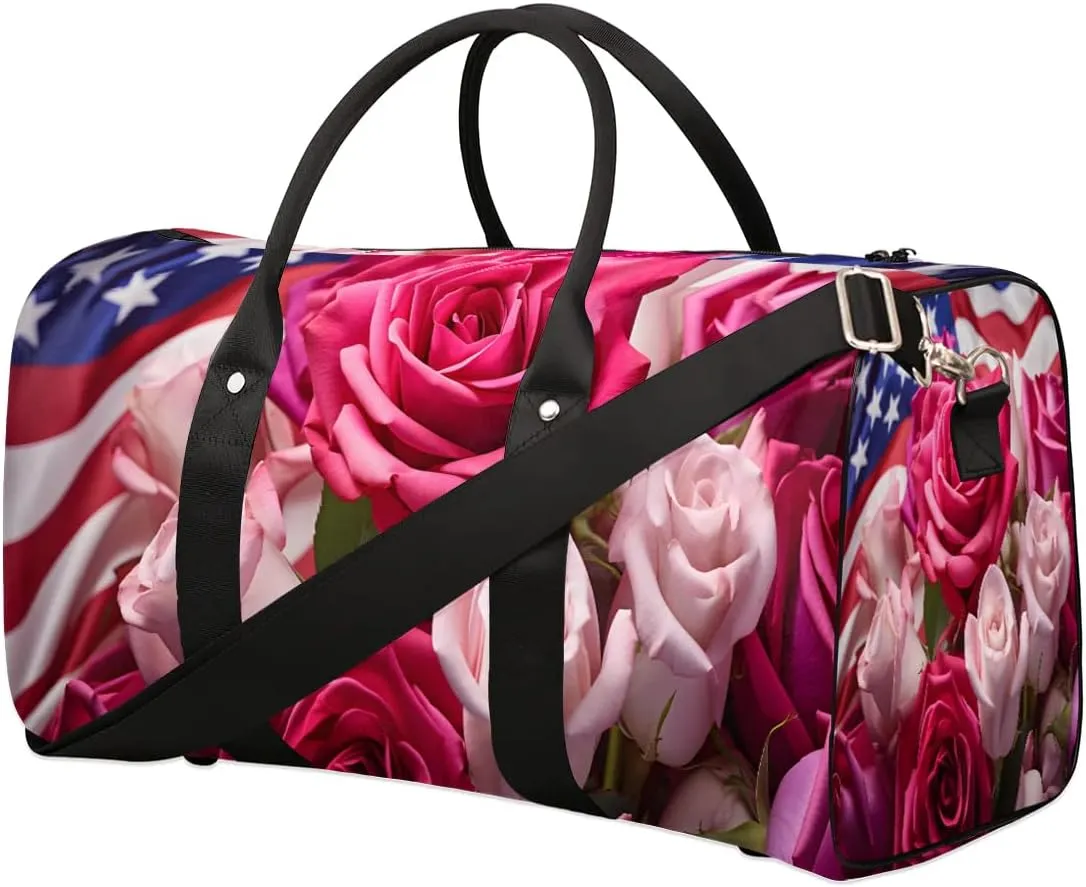 Rose Flower 4th of July Travel Duffel Bag for Women Men Waterproof Foldable Overnight Weekender Bag Large Capacity Sports Gym Bag