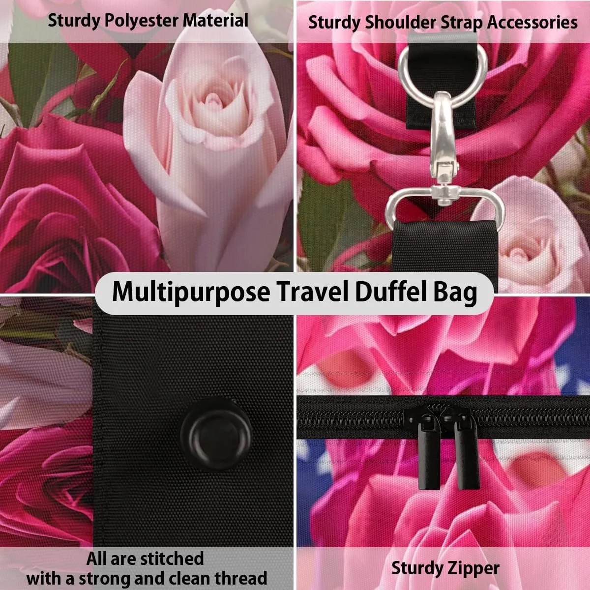Rose Flower 4th of July Travel Duffel Bag for Women Men Waterproof Foldable Overnight Weekender Bag Large Capacity Sports Gym Bag