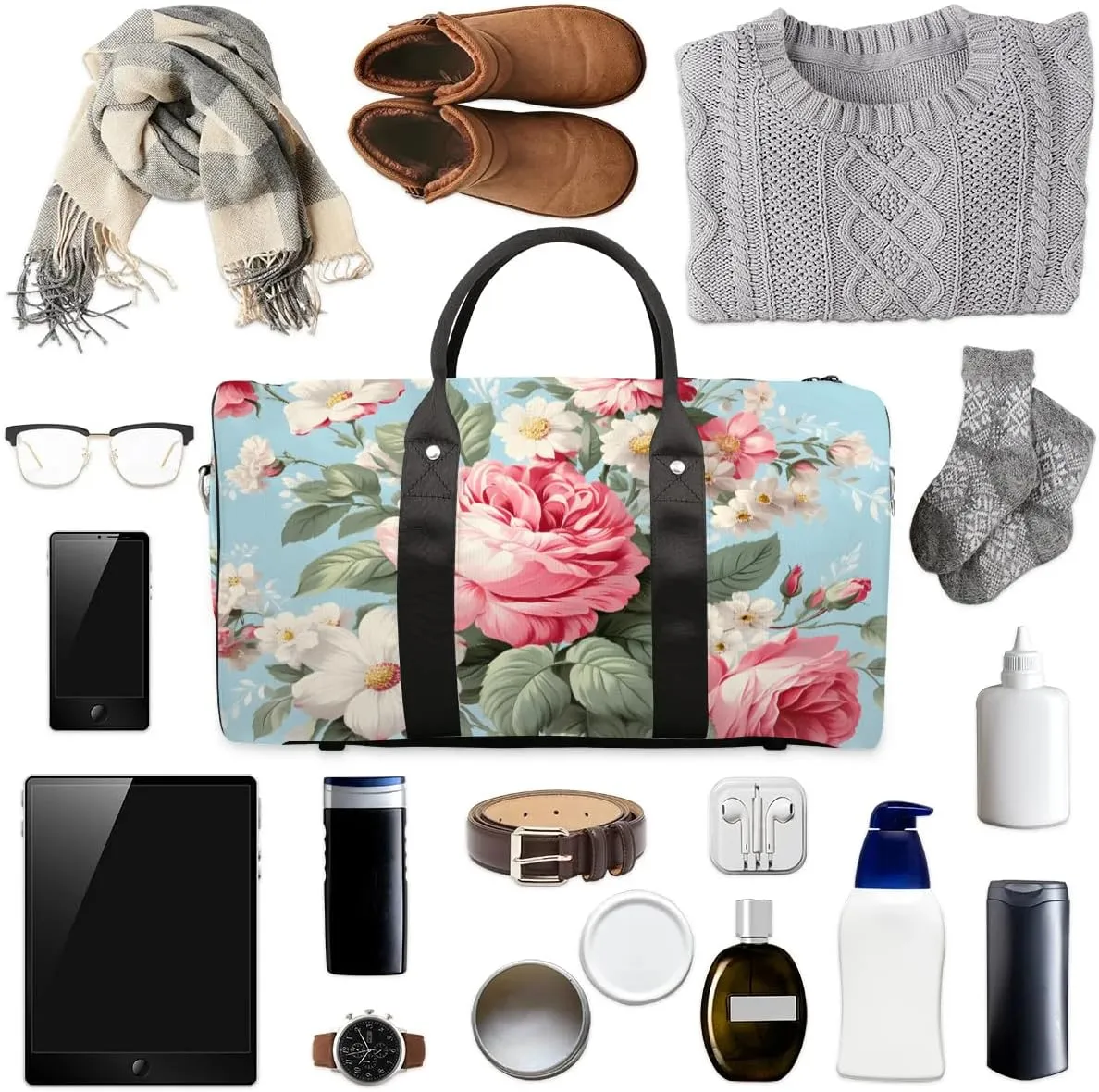Rose Print Travel Duffel Bag for Women Men Waterproof Foldable Overnight Weekender Bag Large Capacity Sports Gym Bag