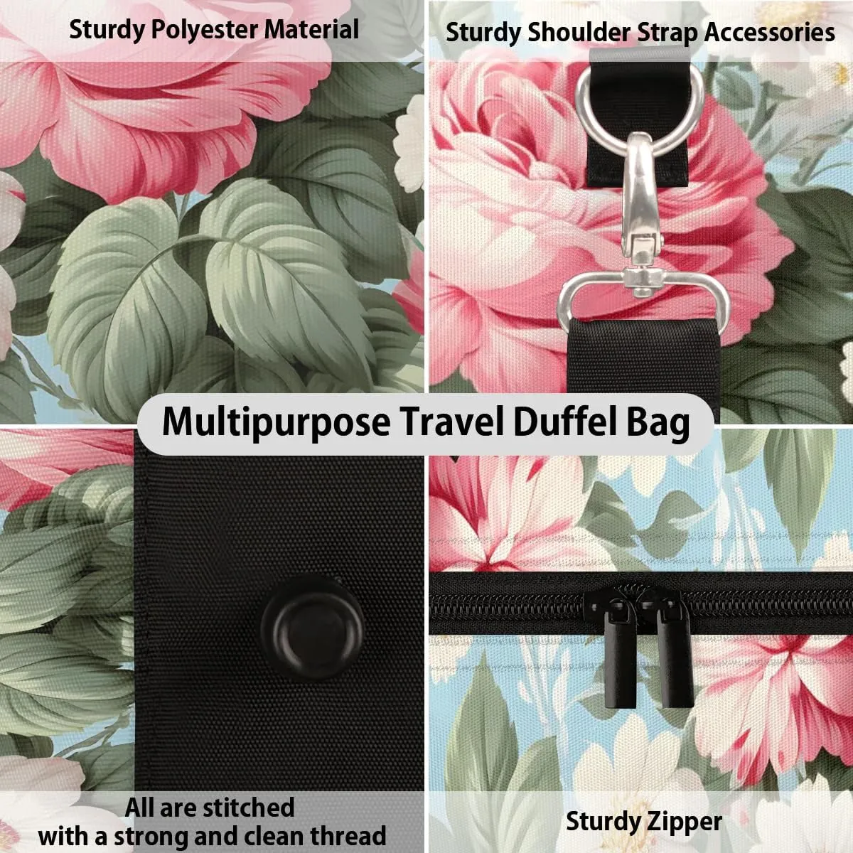 Rose Print Travel Duffel Bag for Women Men Waterproof Foldable Overnight Weekender Bag Large Capacity Sports Gym Bag